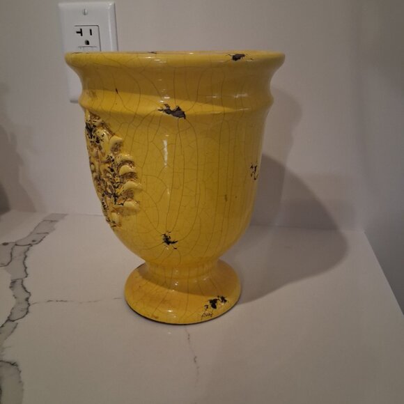 Yellow Terracotta-Style Crackle Glaze Ceramic Distressed 9" Decorative Planter - Picture 3 of 5